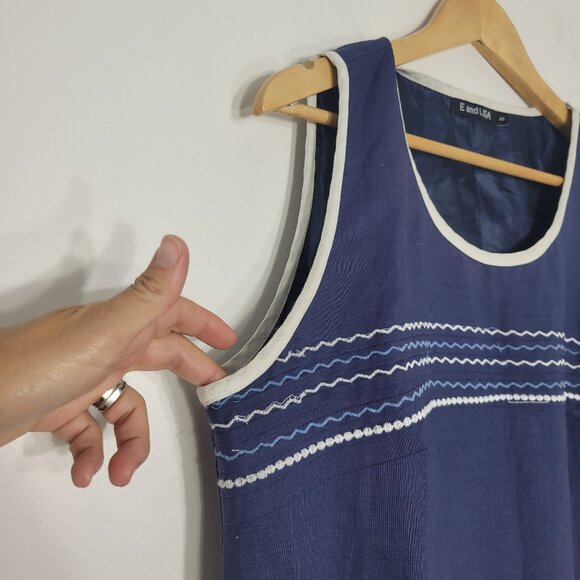 E And Lisa Navy Blue Cotton Linen Blend Zip Side Sleeveless Scoop Neck Dress 5 - Picture 3 of 11
